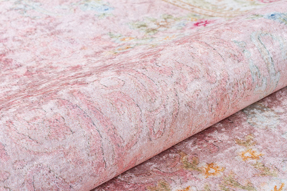 Charming Washable Pink Rug: Vintage Floral Design for a Cozy Home