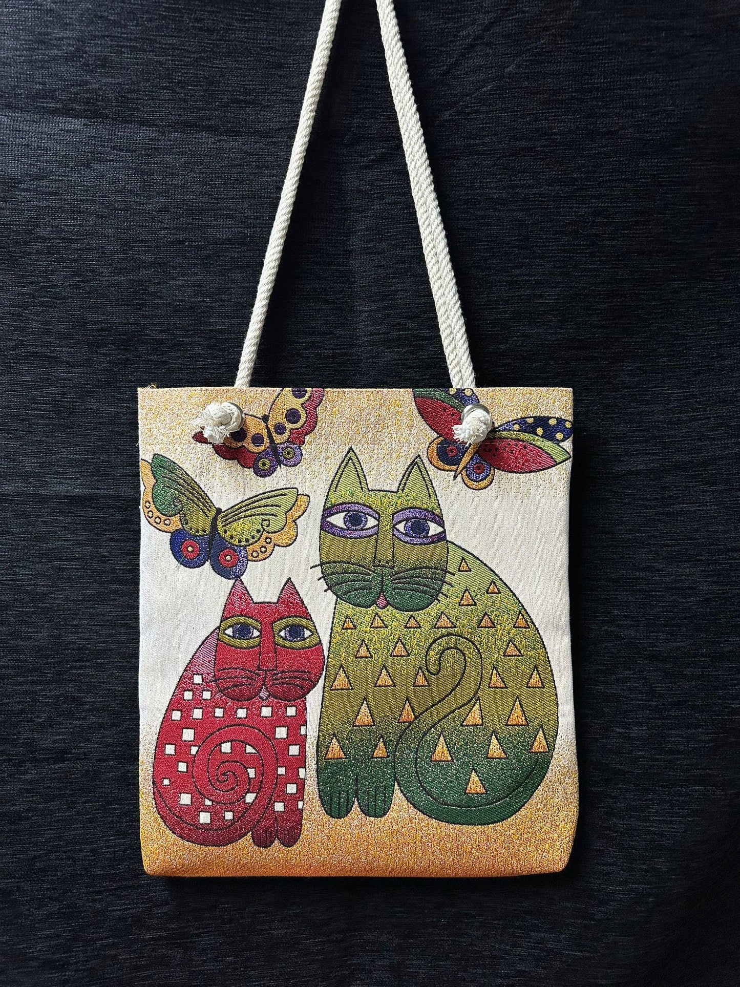 Handmade Cat & Butterfly Shoulder Bag: Organic Cotton Tote