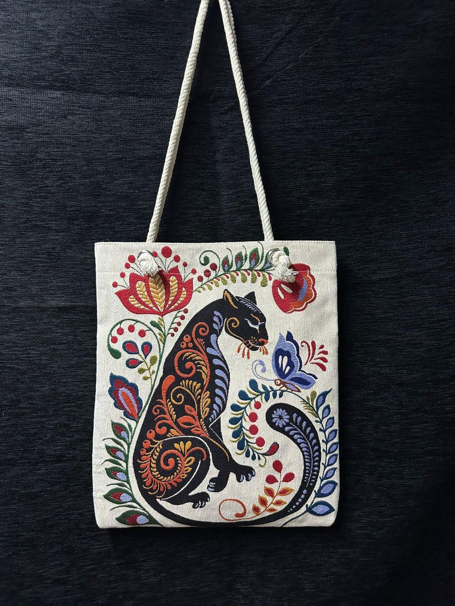 Handmade Floral Panther Shoulder Bag: Organic Cotton Blend