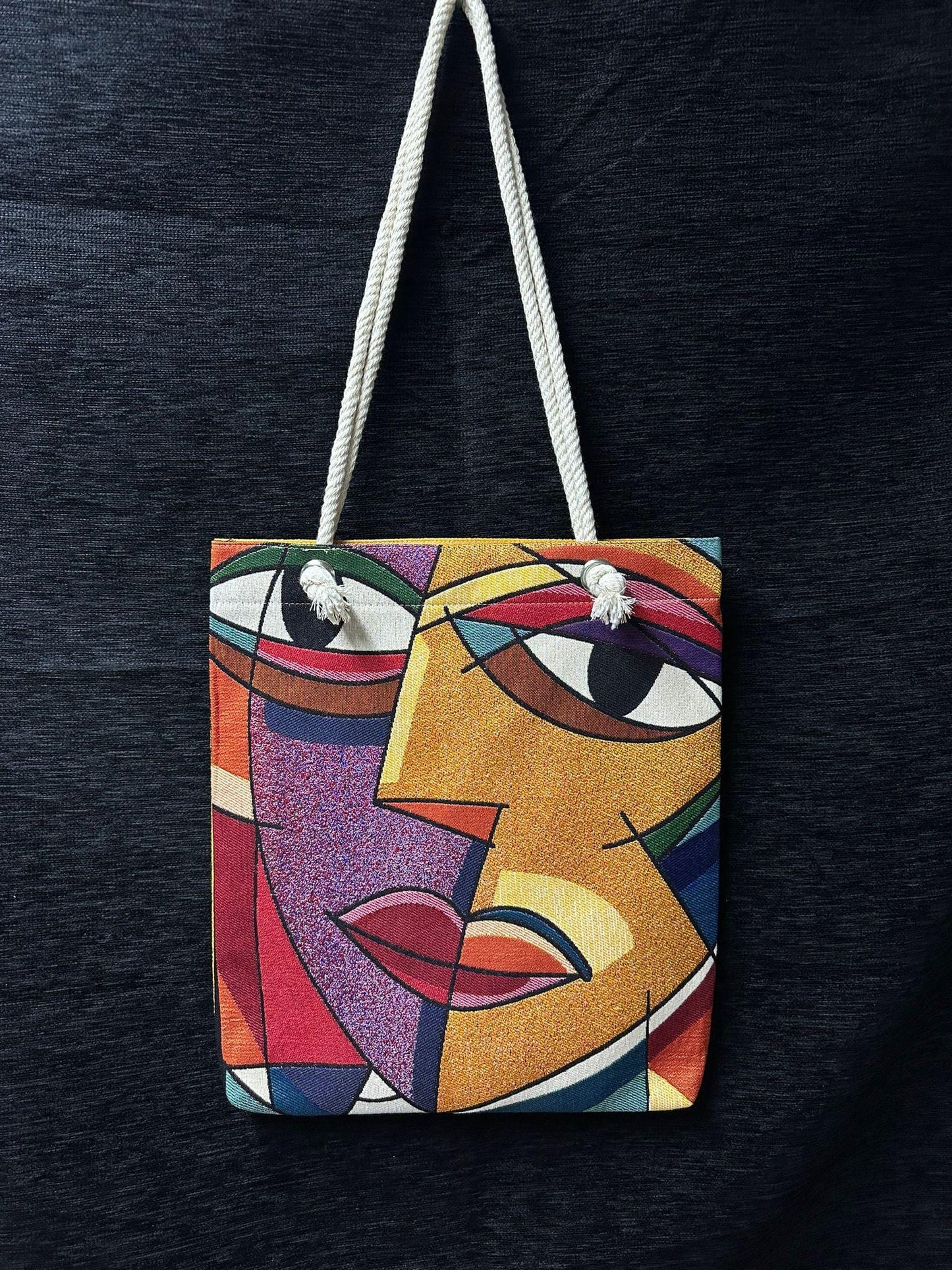 Handmade Abstract Face Shoulder Bag: Cotton Blend Tote (35cmx45cm)