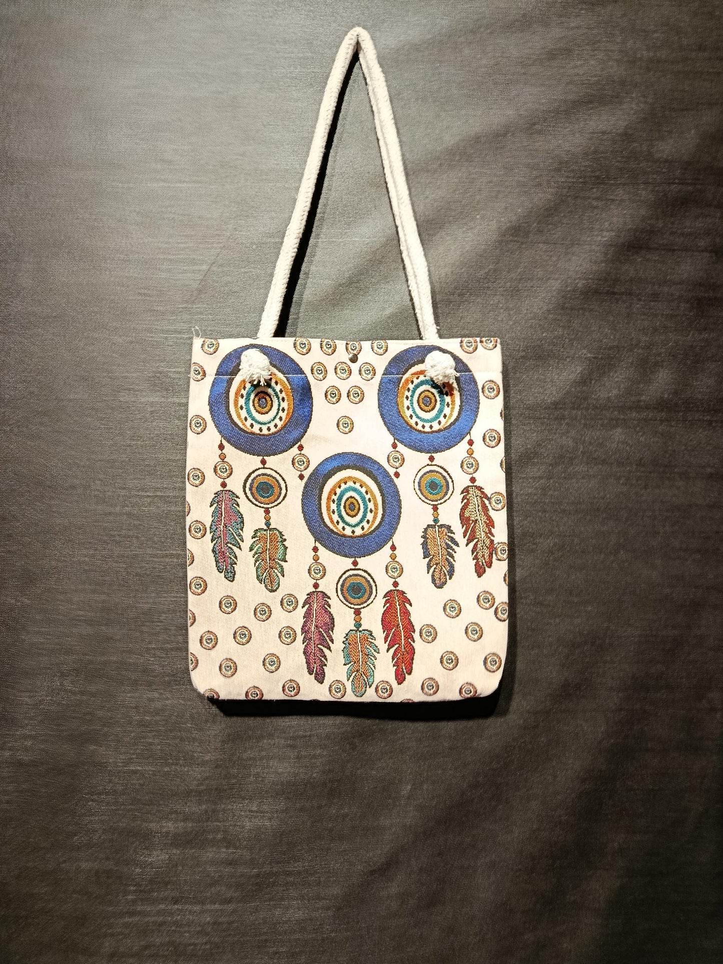 Embroidered Dreamcatcher Canvas Tote Bag: Boho Feather Design