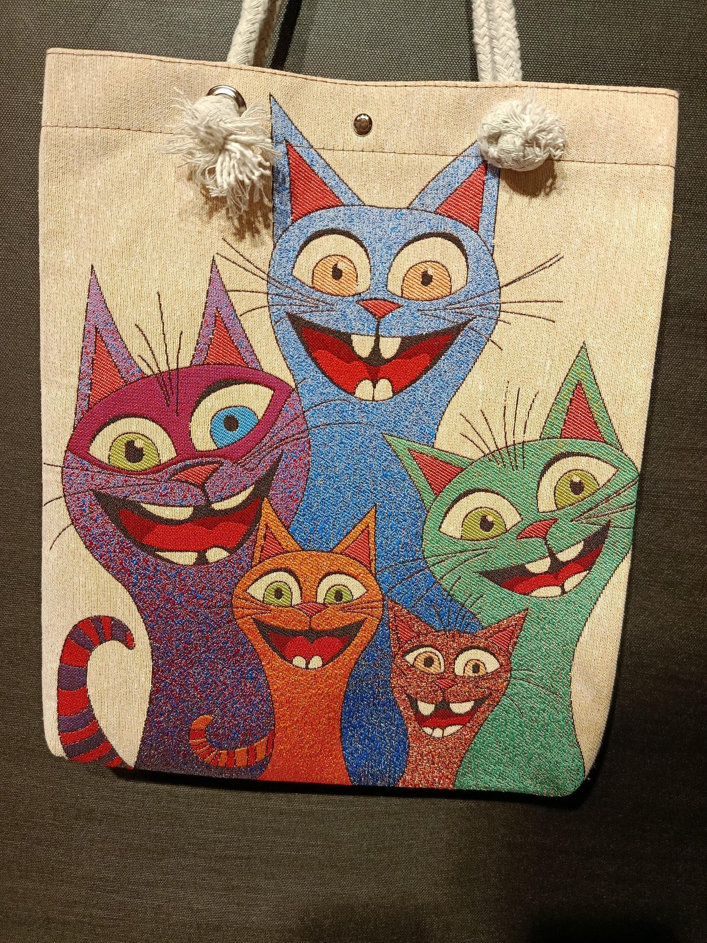 Handmade Shoulder Bag: Colorful Cats Design, Organic Cotton Blend (35cmx45cm)
