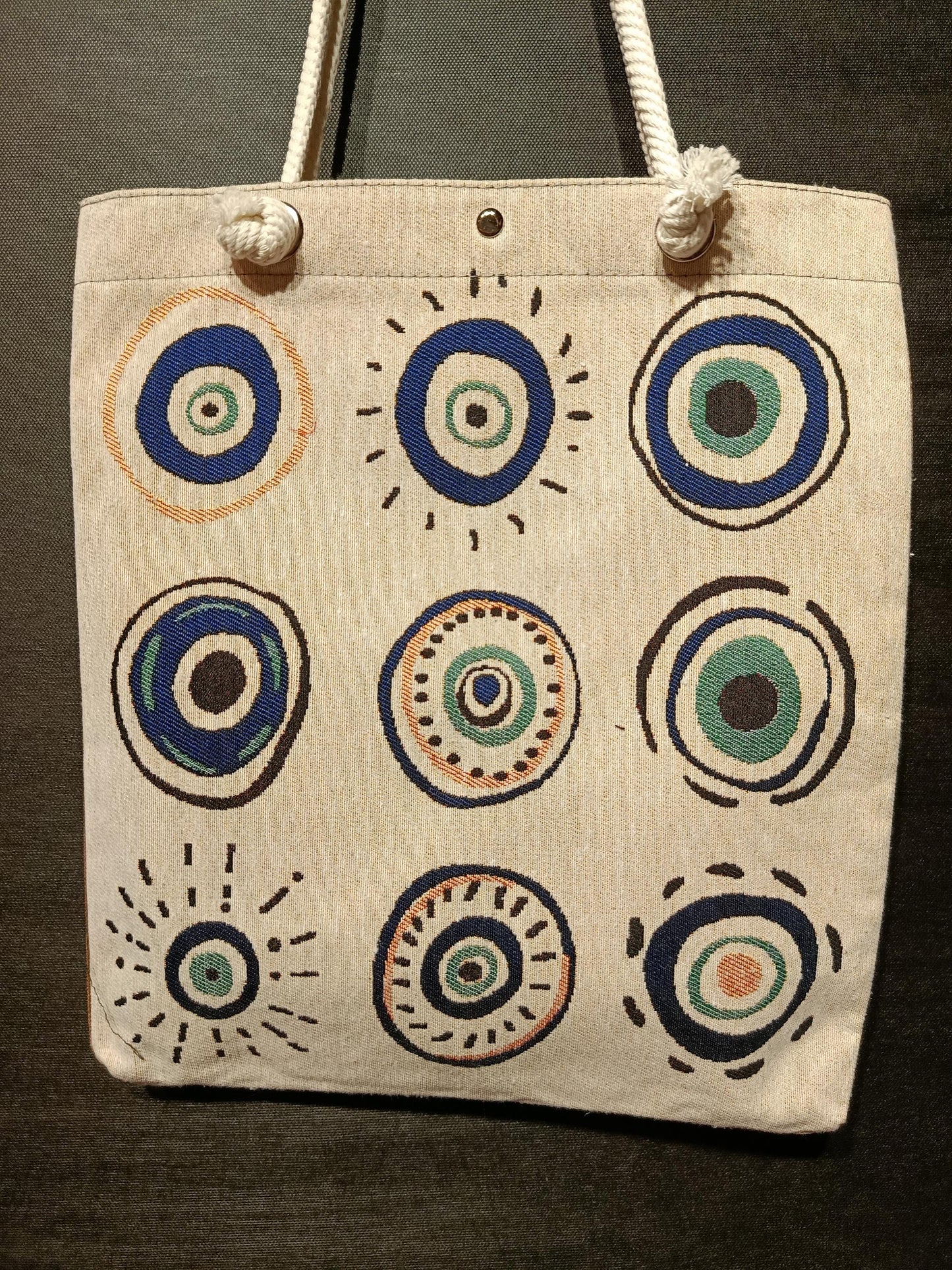 Handmade Shoulder Bag: Organic Cotton Blend, Evil Eye Design (35cmx45cm)