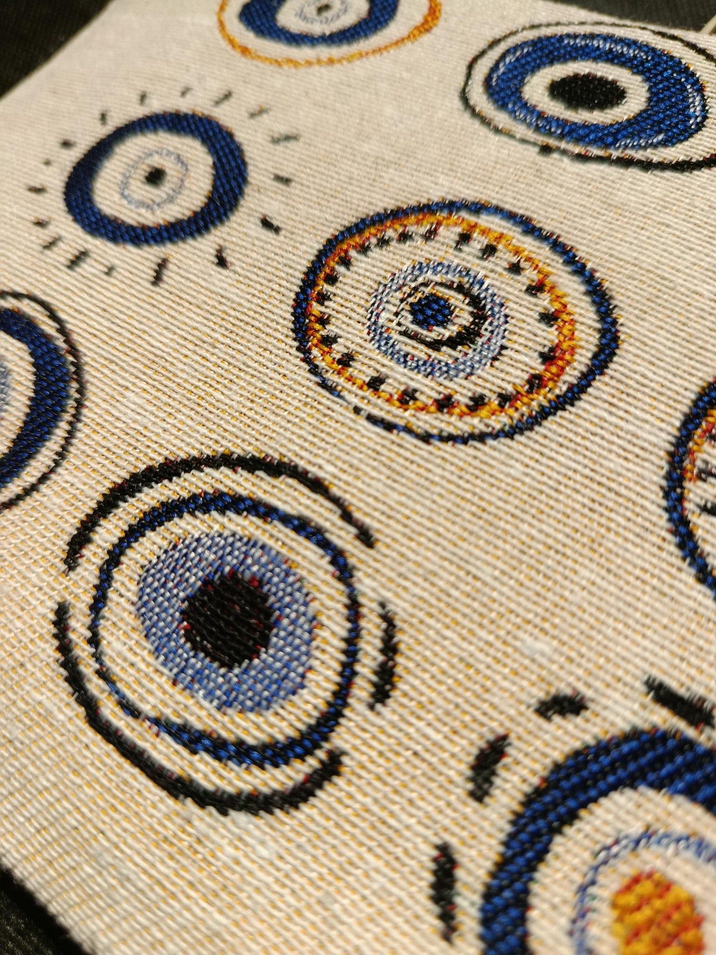 Handmade Evil Eye Gobelin Pouch – Turkish Nazar Clutch with Neutral Beige Background