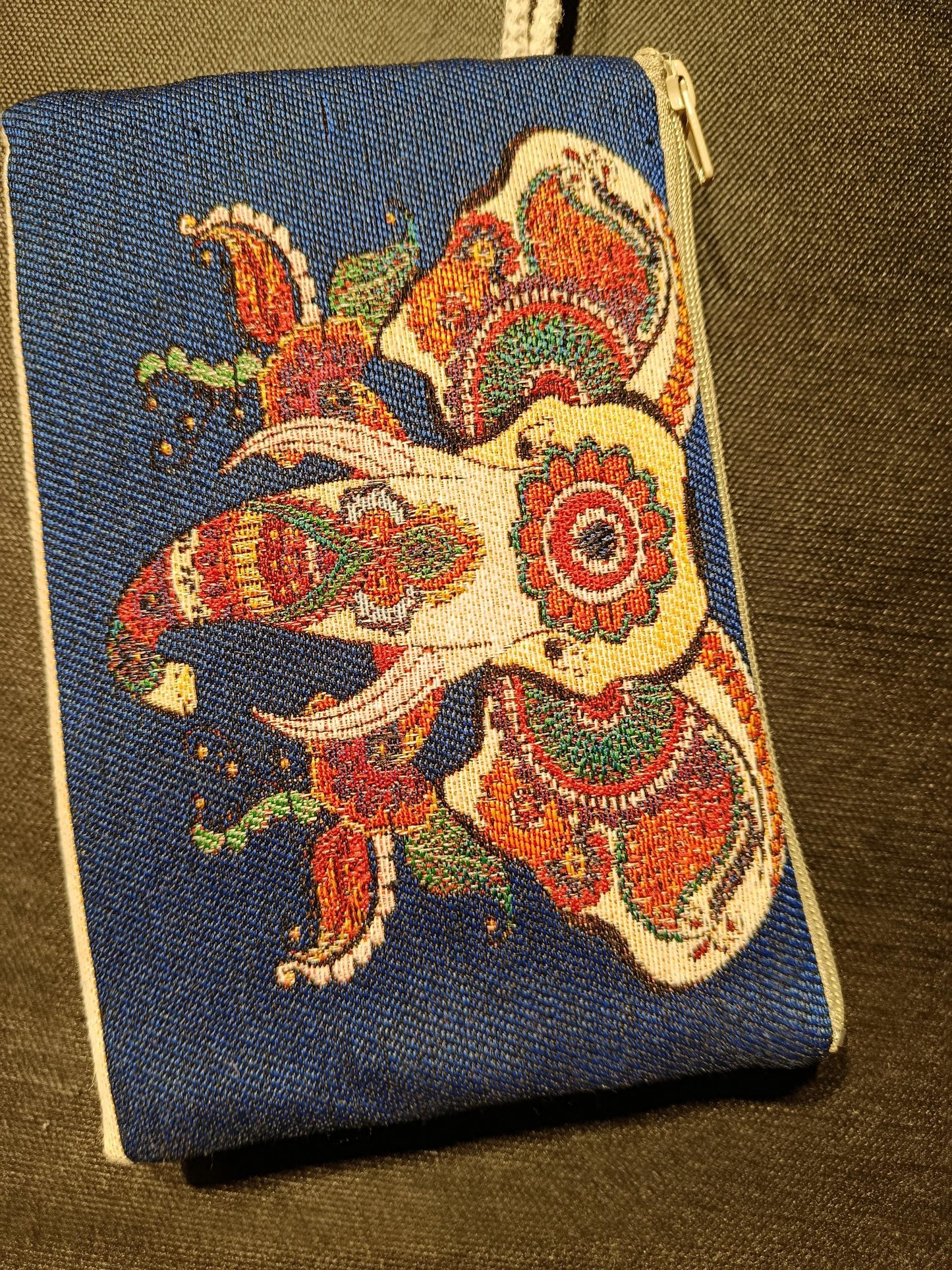 Handmade Gobelin Zipper Purse – Blue Elephant Design Tapestry Wristlet – Boho Ethnic Mini Clutch