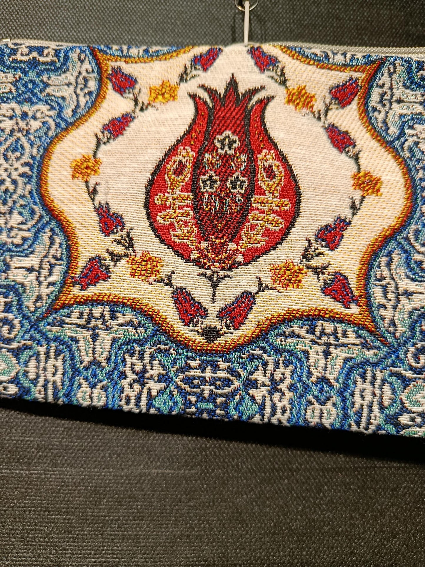 Turkish Gobelin Tapestry Clutch – Pomegranate Motif Zippered Purse with Wrist Strap