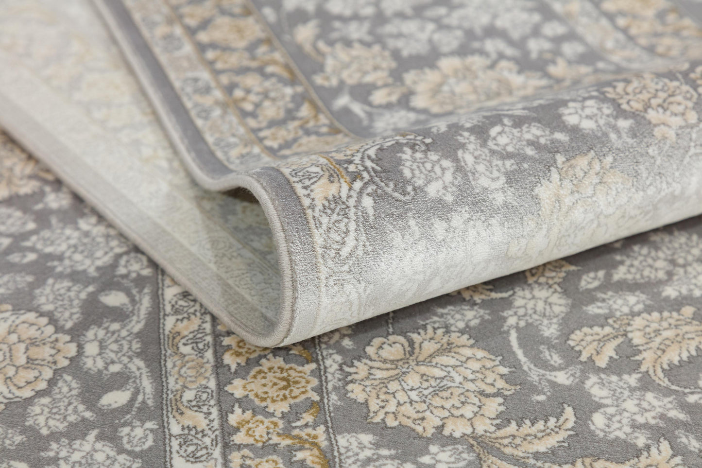 5x7 ft, Classic Oriental Gray Floral Silk Rug with fine fringes