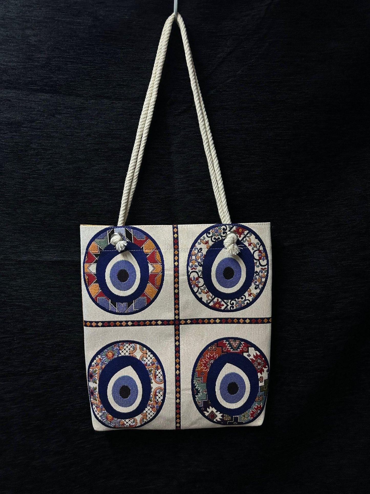 Handmade Evil Eye Shoulder Bag: Organic Cotton Tote
