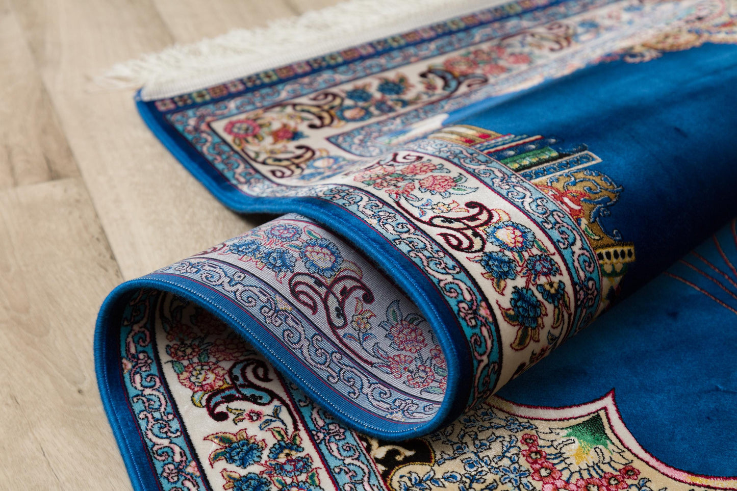 Navy Silk-Look Prayer Rug: Islamic Mihrab Design with Fringe