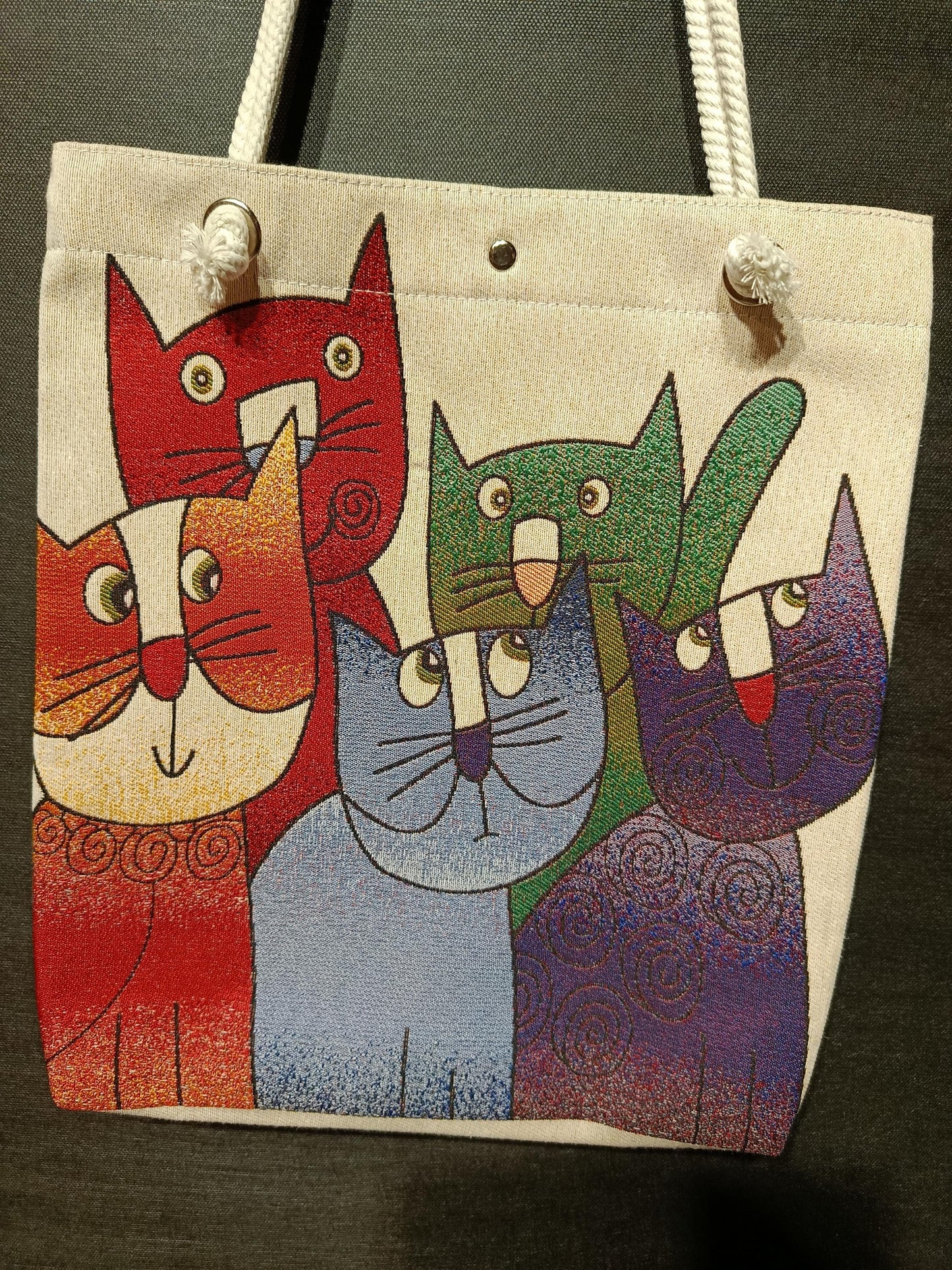 Handmade Cotton Shoulder Bag: Colorful Cats Design