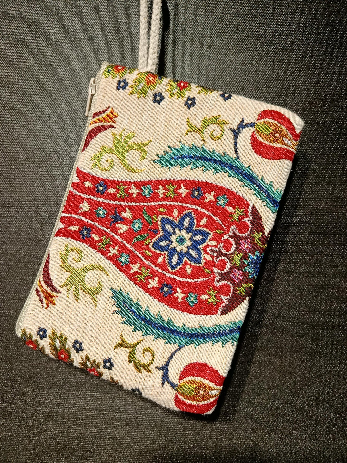 Mini Turkish Coin Purse – Paisley Tapestry Pattern, Ottoman Motif Zip Pouch, Small Wristlet Bag