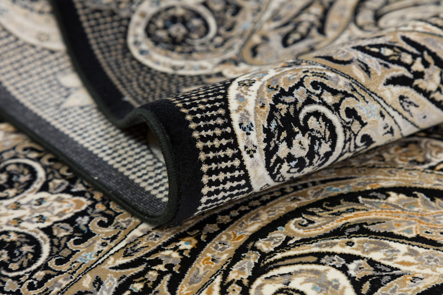 5x7 ft, Black Classic Silk Rug with paisley desing on the border, fine fringes