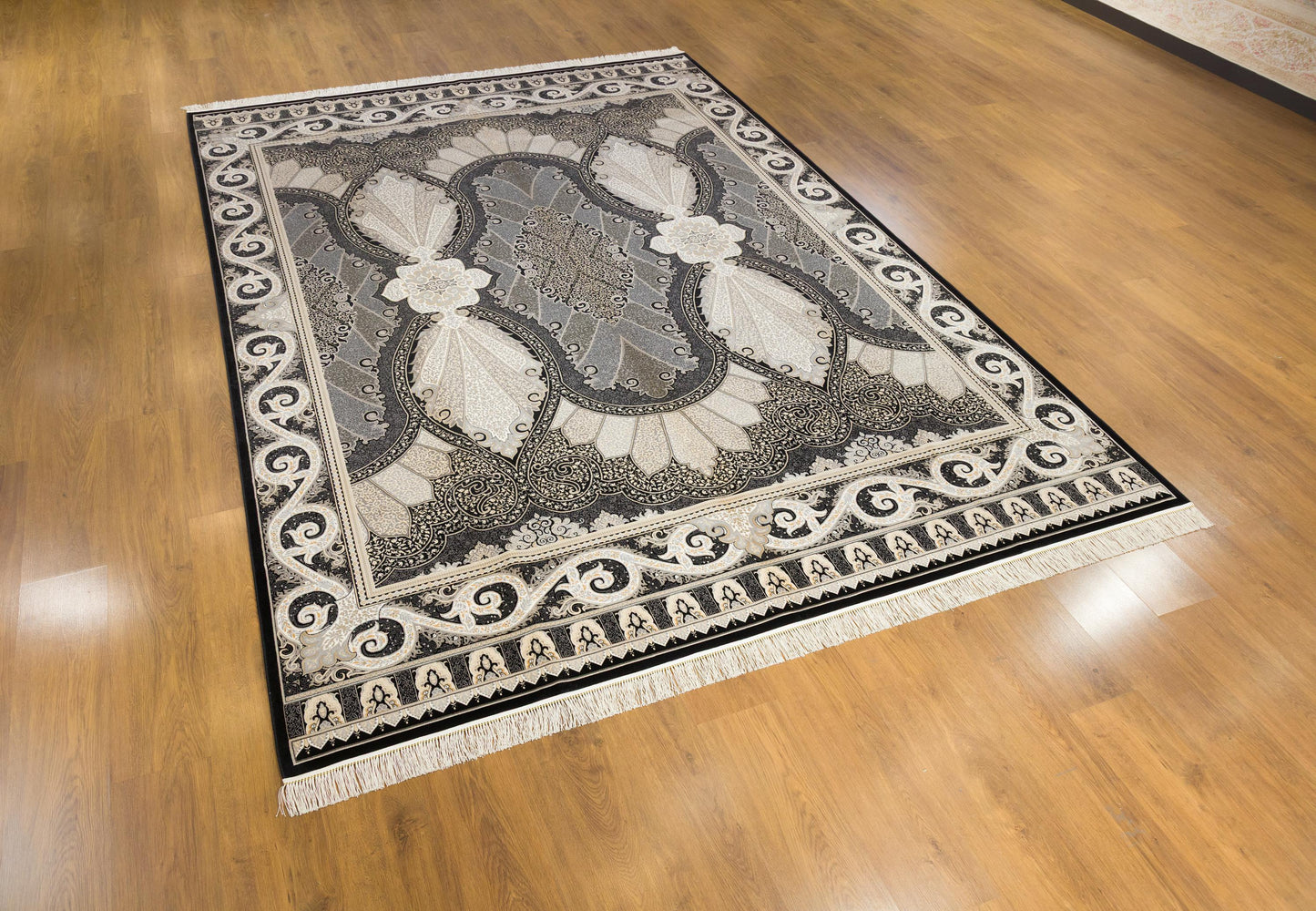 8x11 ft, Black Classic Silk oriental Rug: Fine Medallion Carpet with fringes