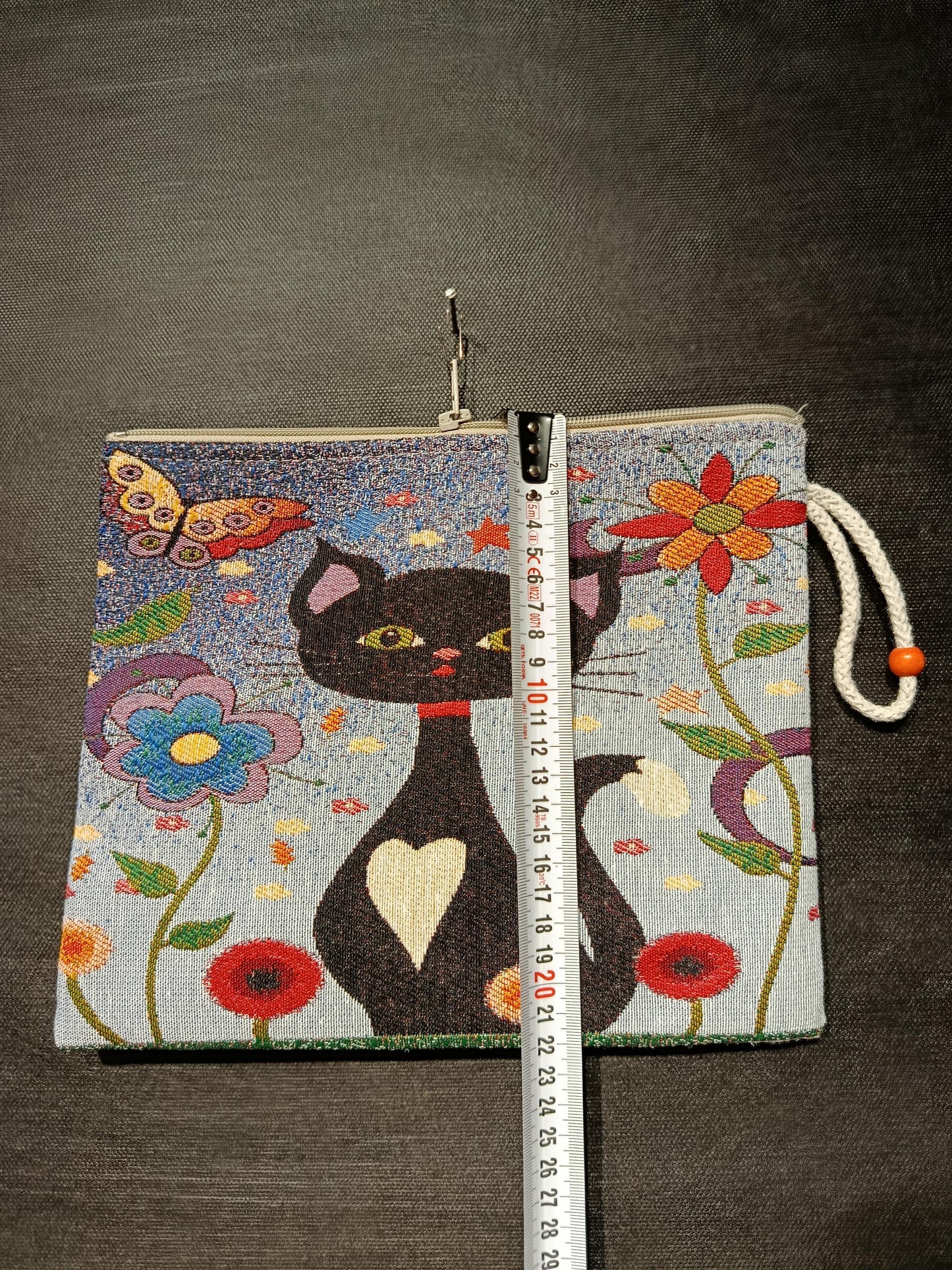 Black Cat Tapestry Clutch: Whimsical Floral Pouch Bag, Handmade in Türkiye