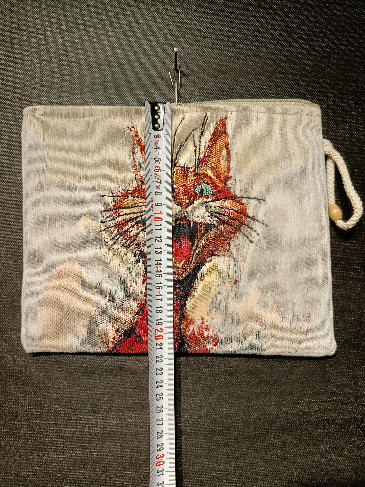 Surprised Cat Tapestry Clutch: Whimsical Orange Cat Design, Handmade in Türkiye