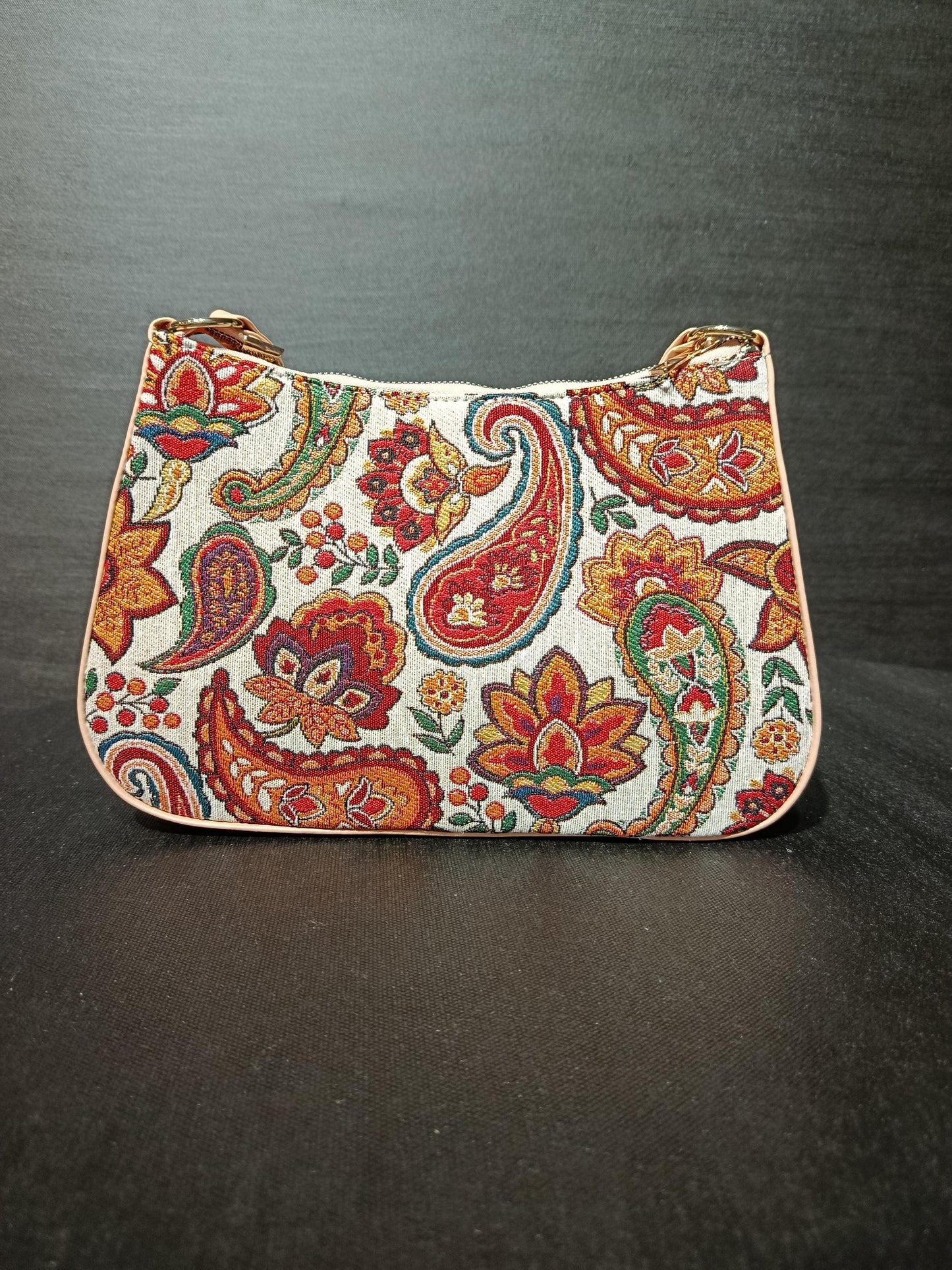 Turkish Gobelin Shoulder Bag – Paisley Floral Tapestry Purse with Beige Strap - 19x30 cm