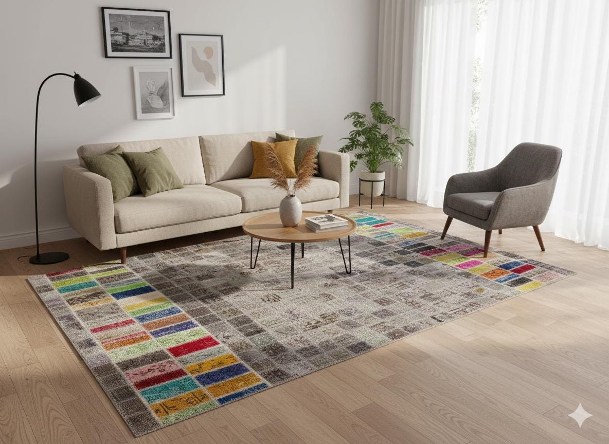 Handmade Patchwork Wool Turkish Rug - 5'x8' Bohemian Area Rug