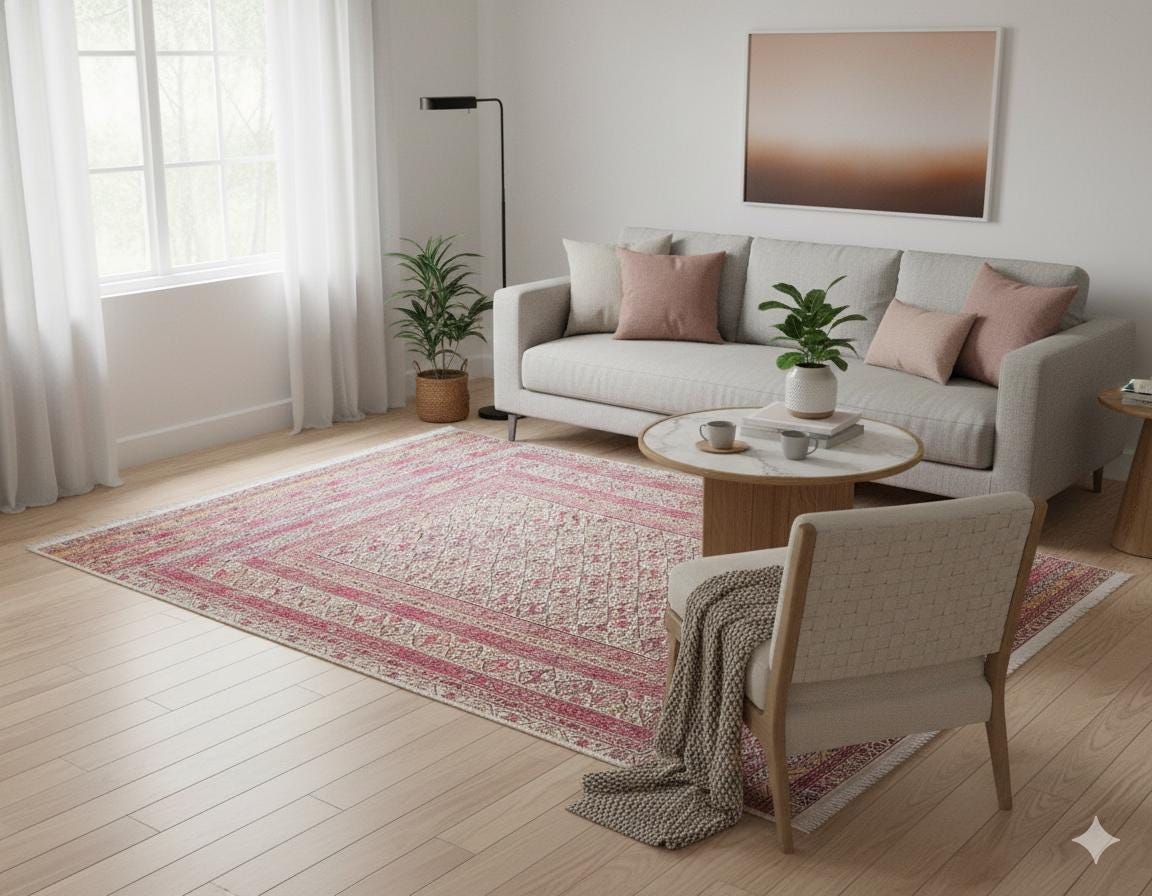 Vintage Afghan Rug: Washable Beige Living Room Carpet