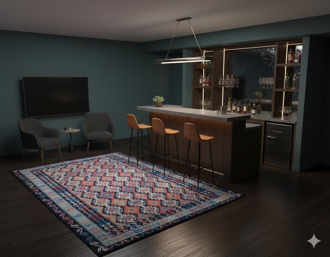 Vintage Kilim Design Rug: Washable Blue Living Room Rug