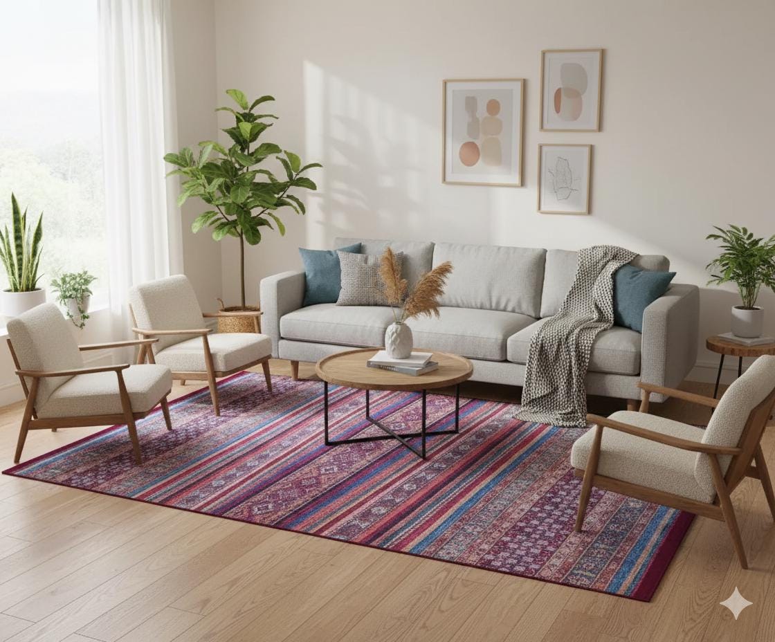 Vintage Red Shawl Design Rug: Washable Living Room Carpet