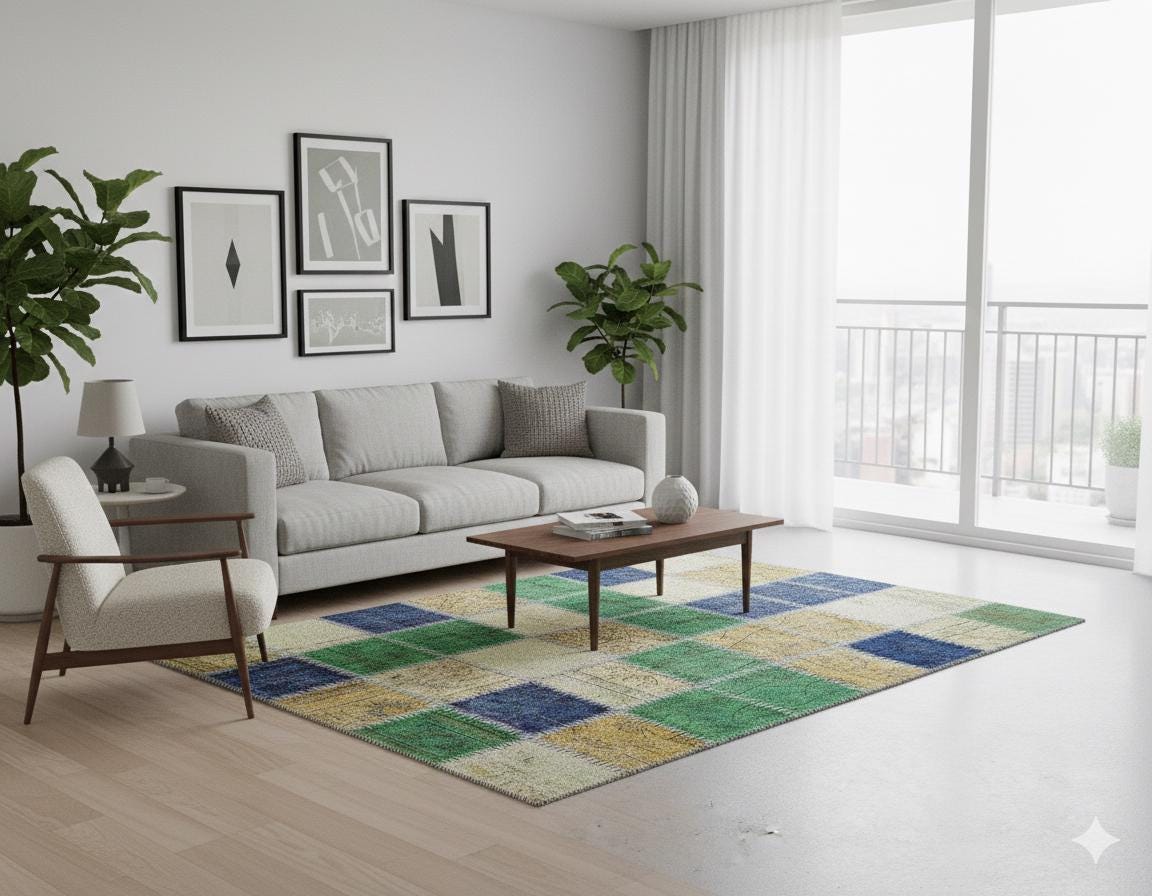 Handmade Wool Patchwork Rug: Bohemian Turkish Area Rug (3.9x5.7 ft)