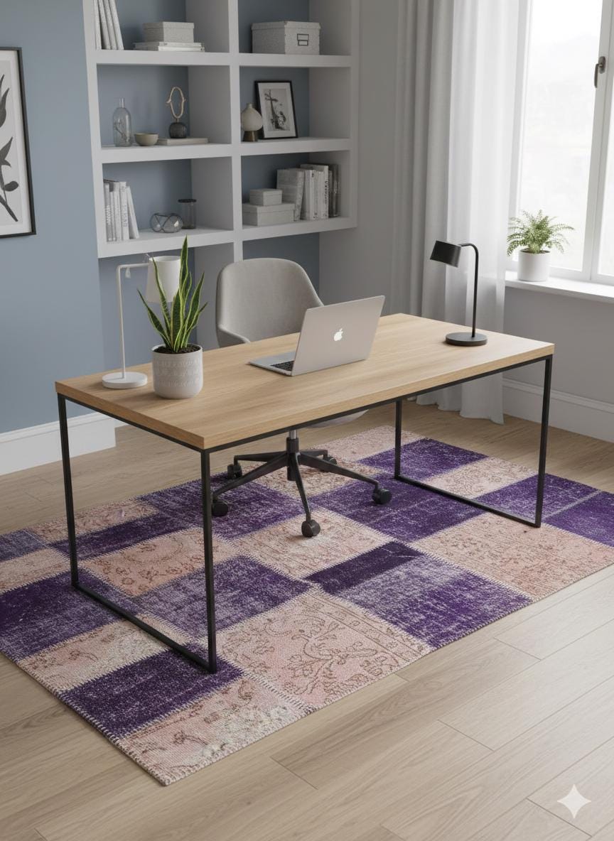 Handmade Purple Patchwork Wool Rug: Bohemian Turkish Rug (4.5'x6.6' ft)