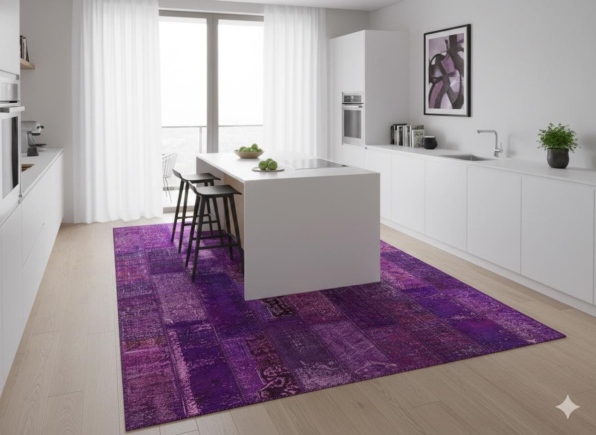 Handmade Wool Patchwork Rug: Purple Bohemian Area Rug (5'x8' ft)