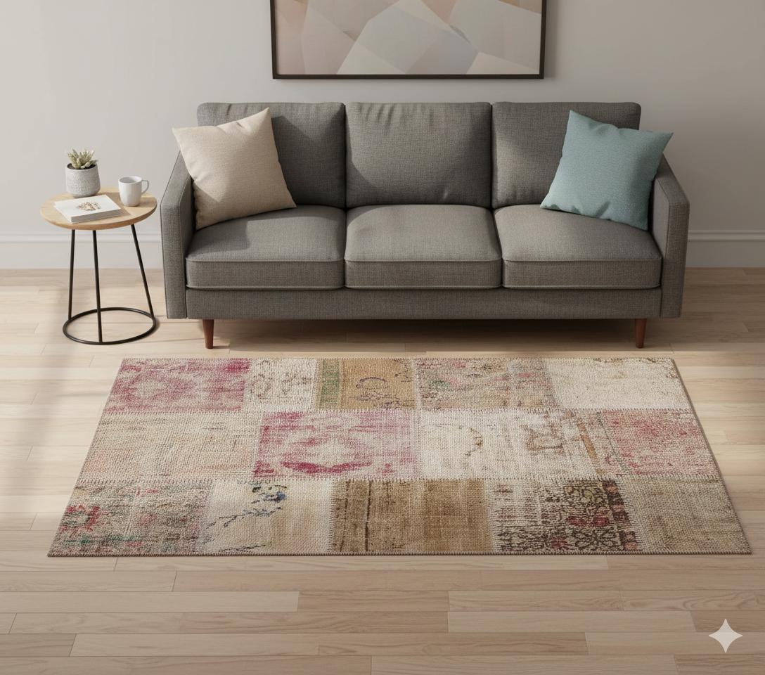 Handmade Wool Turkish Patchwork Rug: 4x6 Vintage Bohemian Area Rug