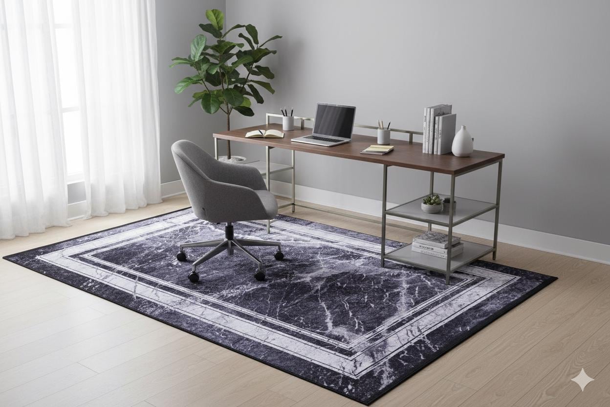 Modern Black Marble Area Rug, Dark Grey Stone Pattern Carpet, Minimalist Border Rug