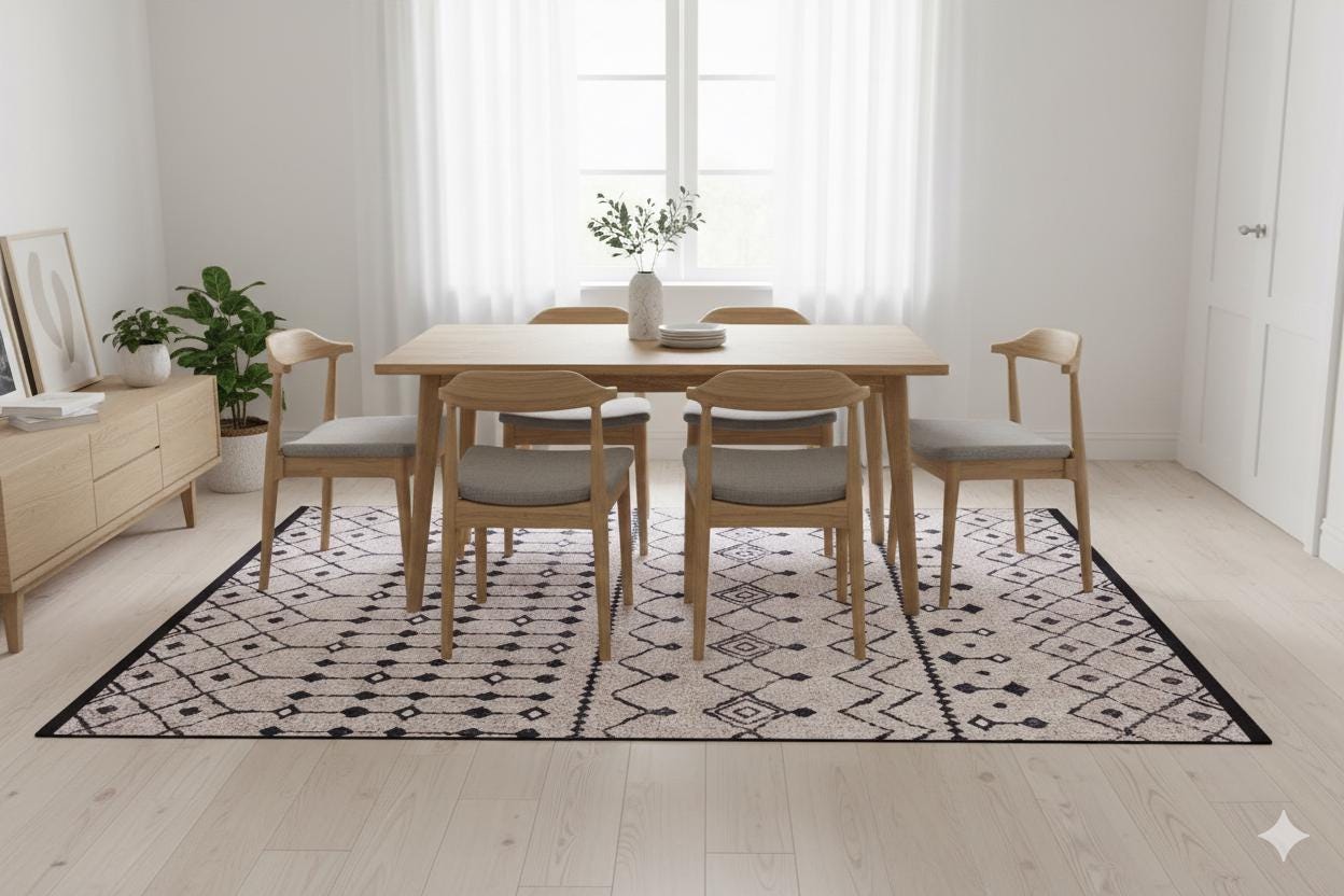 Washable Boho Tribal Rug, Neutral Cream Black Geometric Carpet