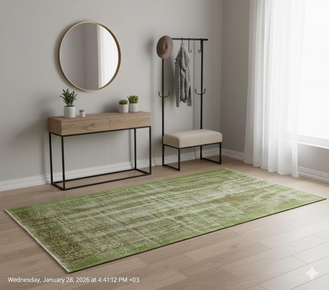 Vintage Green Wool Rug: Handmade Turkish Area Rug (3'x5'7")