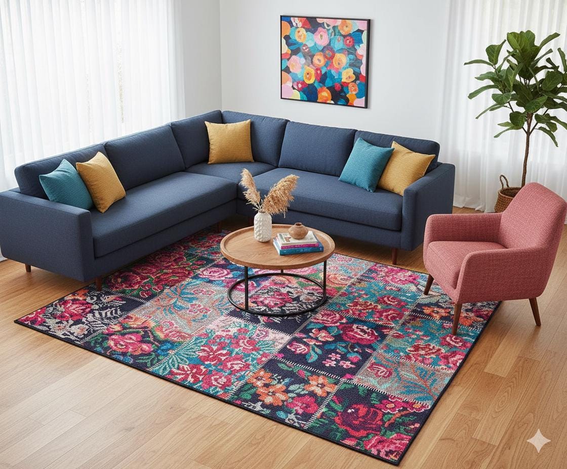 Floral Patchwork Area Rug – Boho Maximalist Pink Teal Flower Carpet, Non-Slip