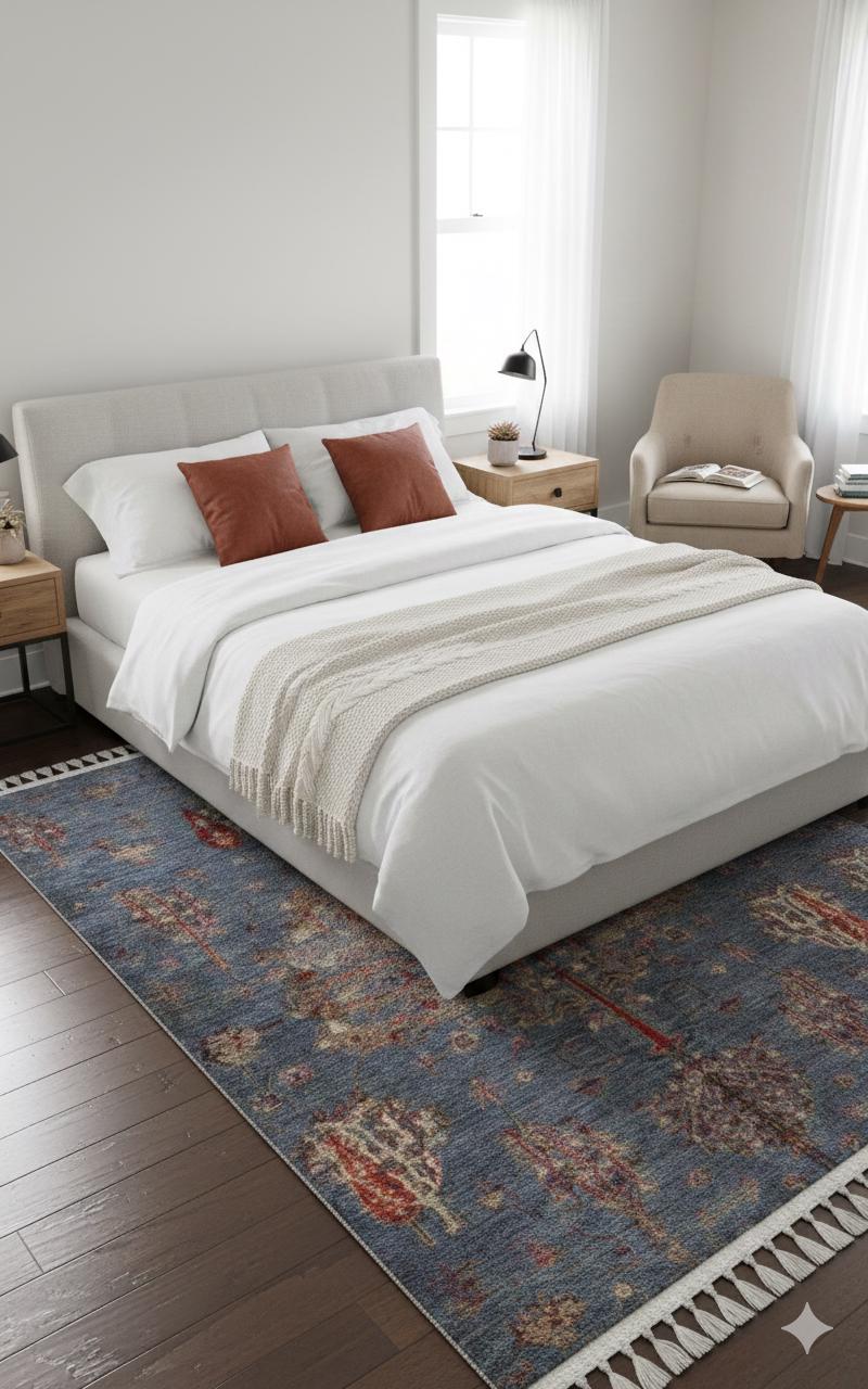Blue Vintage Orienatl Rug: Classic Washable Rug with Tassels