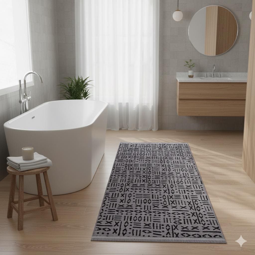 Modern Tribal Mudcloth Area Rug – Gray Black Geometric Boho Carpet