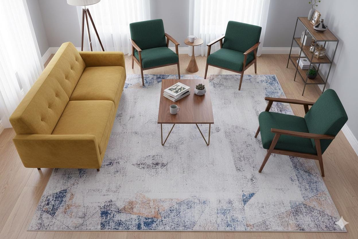 Distressed Abstract Geometric Area Rug – Blue Terracotta Boho Living Room Carpet
