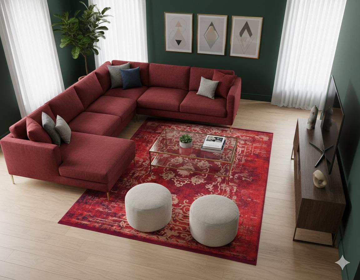 Red Distressed Medallion Rug, Bohemian Persian Style Living Room Carpet, Washable Floor Decor