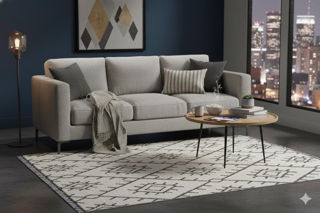 Washable Chenille Area Rug, Neutral Boho Geometric Tribal Carpet, Farmhouse Living Room Décor