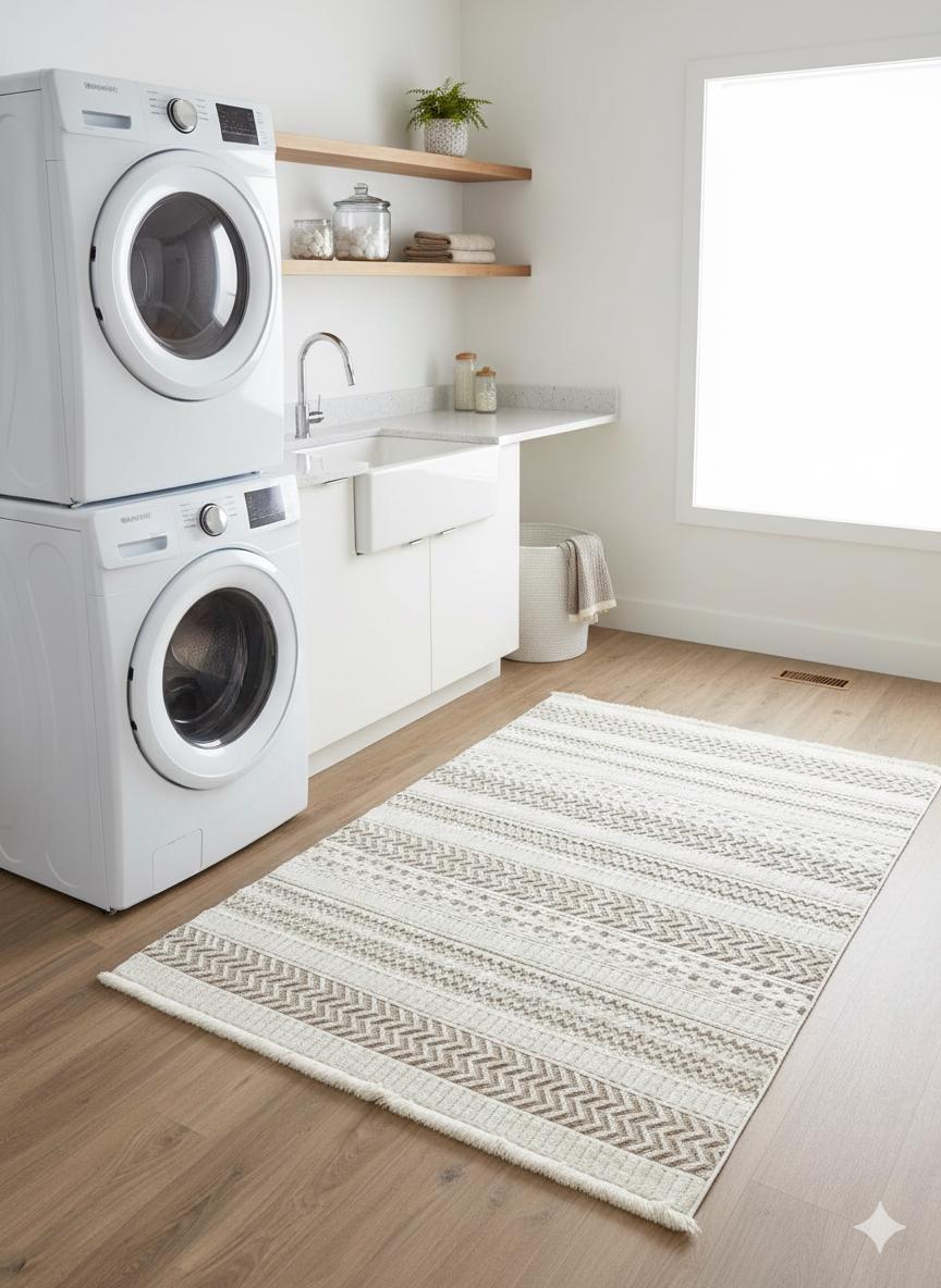 Modern Boho Geometric Area Rug – Cream Tribal Textured Wool Carpet
