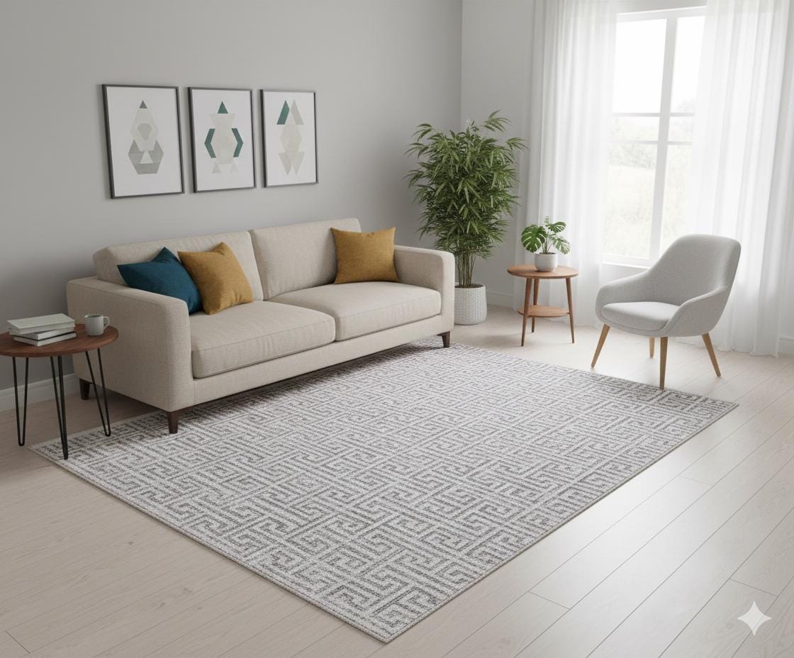 Distressed Greek Key Area Rug – Washable Cream Grey Geometric Labyrinth