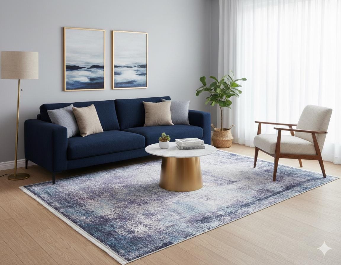 Distressed Abstract Area Rug – Washable Blue Grey Vintage Style Carpet