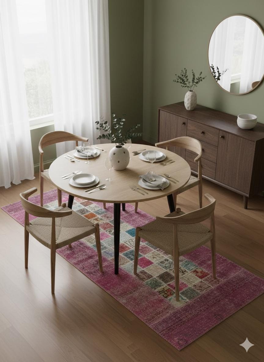 Handmade Wool Turkish Patchwork Rug: Pink Bohemian Vintage Area Rug