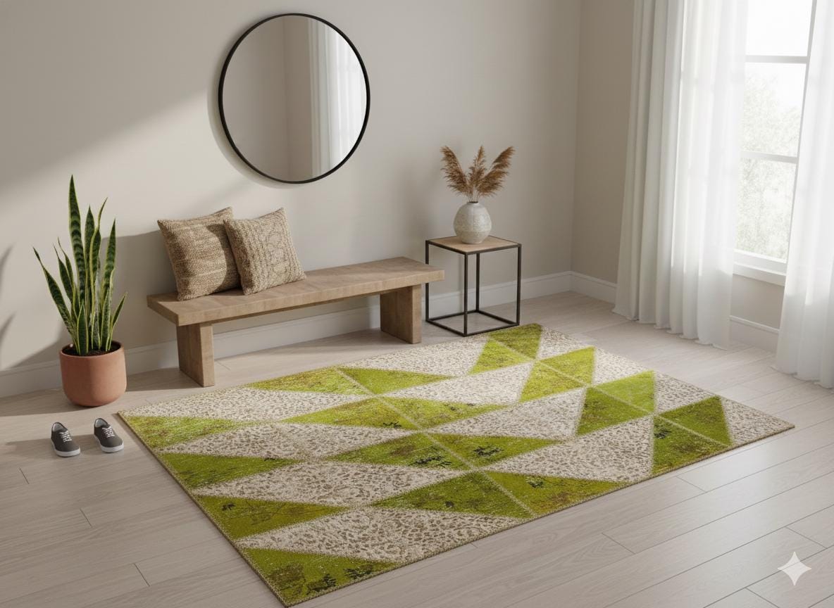Green Patchwork Wool Rug: Bohemian Handmade Area Rug (5.6x8.4 ft)