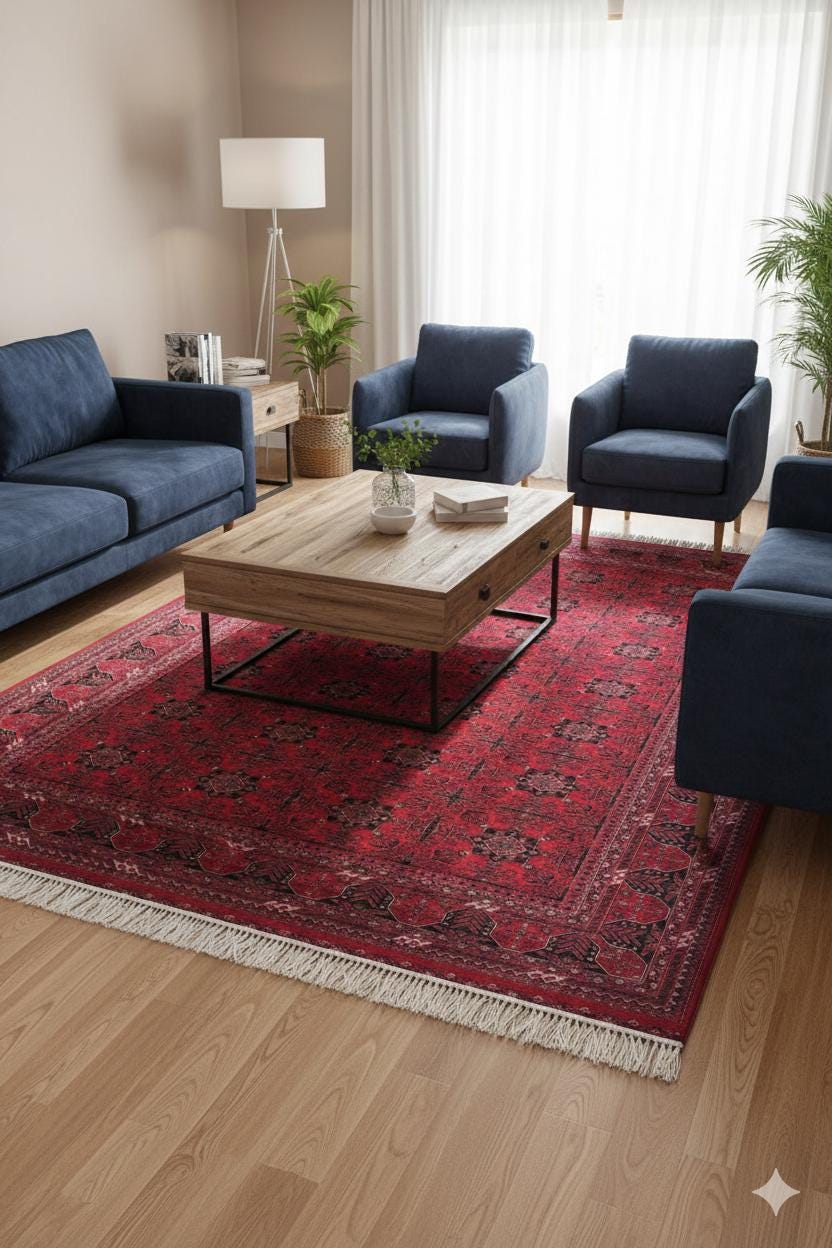 Red Afghan Area Rug – Silk-Feel Viscose Oriental Carpet