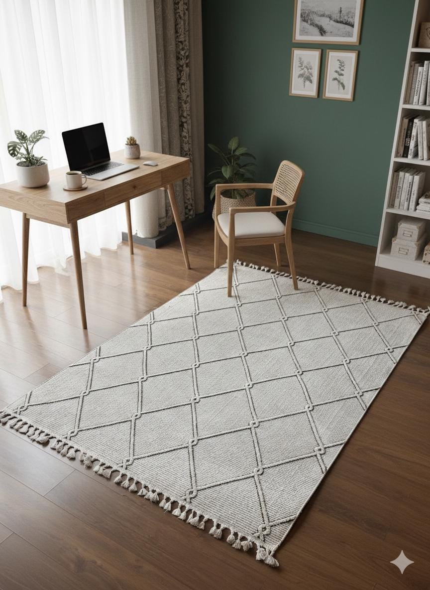 Cream Textured Geometric Carpet with Tassels, Minimalist Scandi Home Decor, Neutral Living Room Rug.