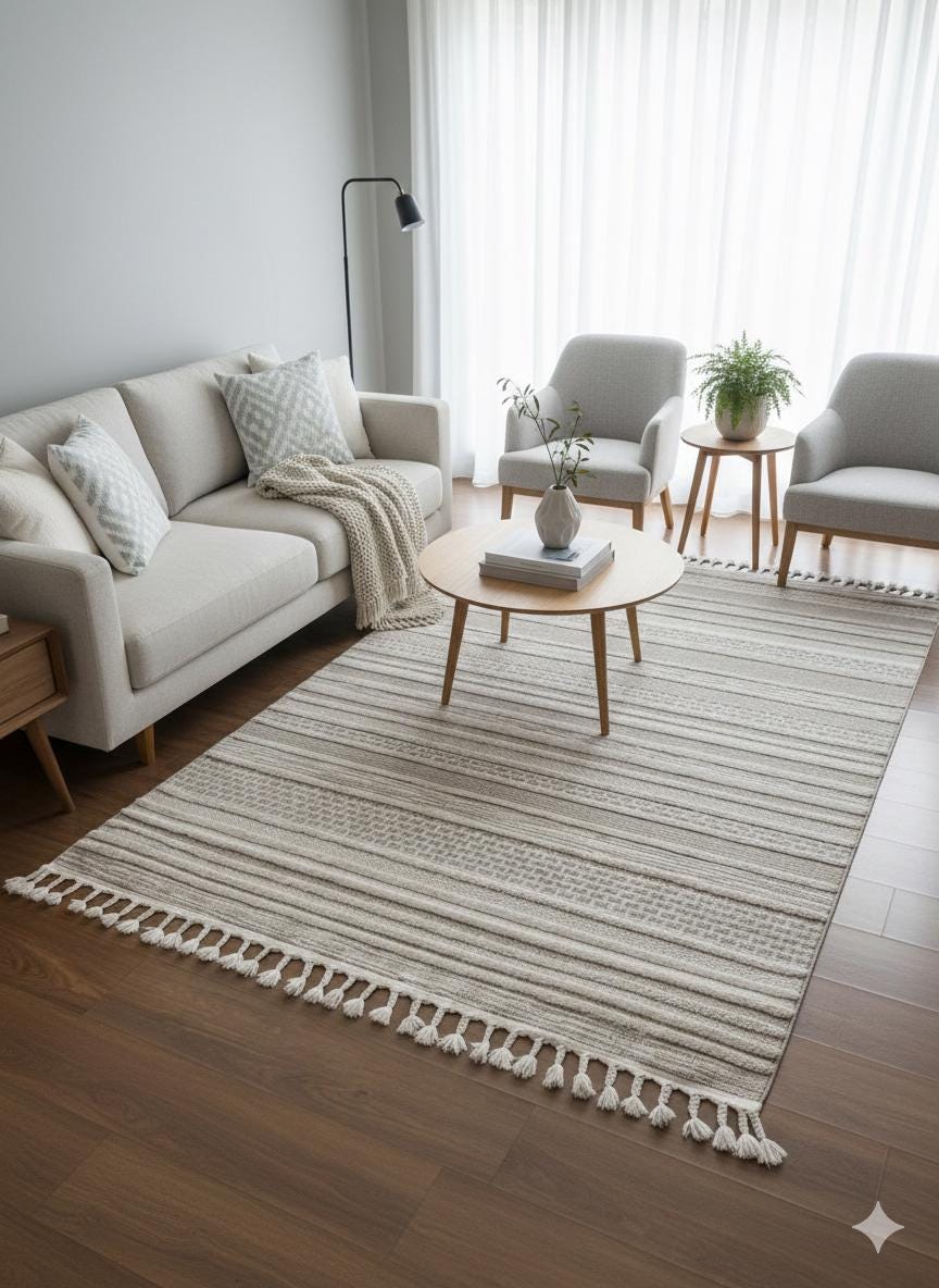 Cream Textured Geometric Carpet with Tassels, Minimalist Scandi Home Decor, Neutral Living Room Rug.