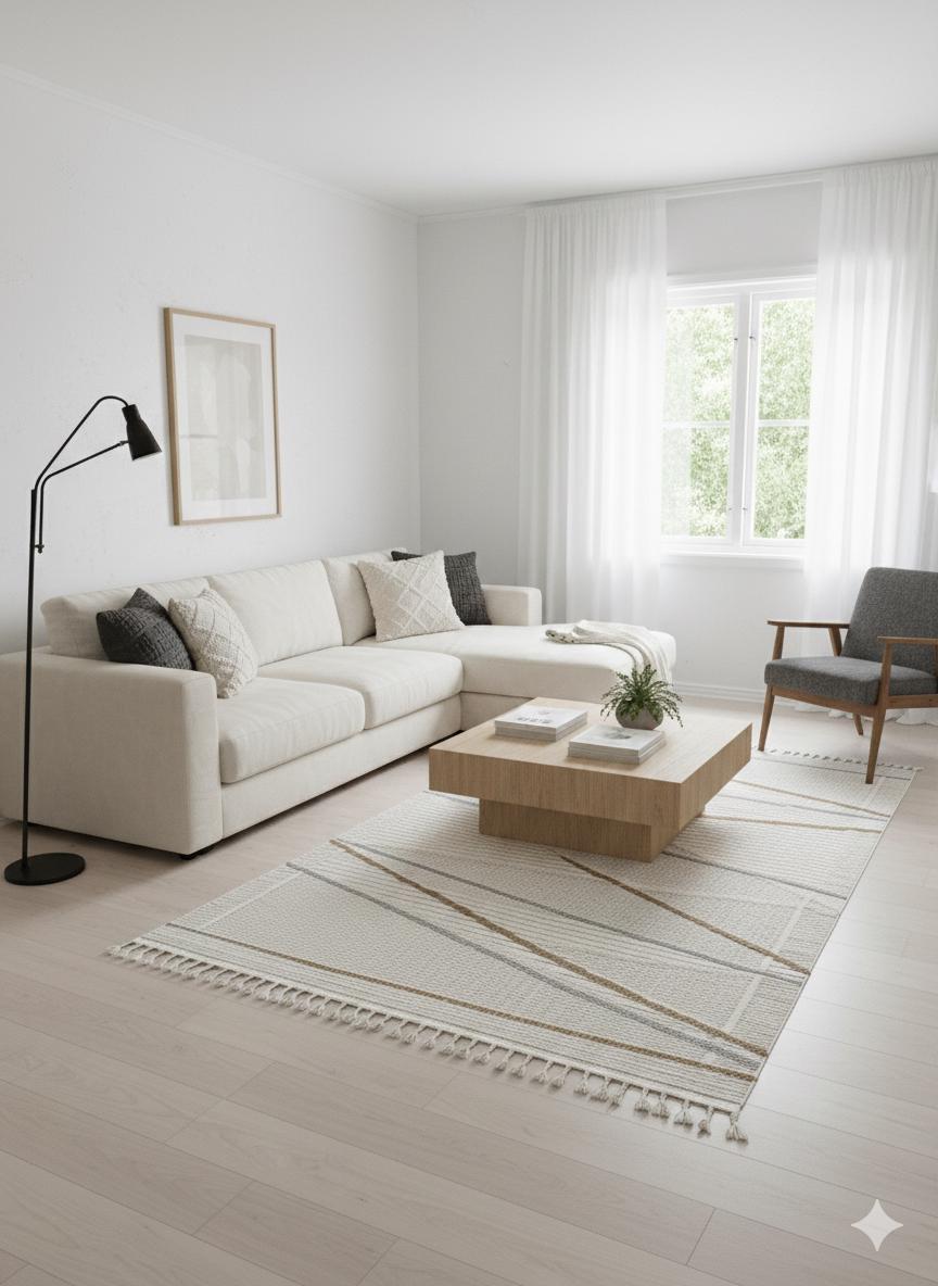 Cream Textured Geometric Carpet with Tassels, Minimalist Scandi Home Decor, Neutral Living Room Rug.