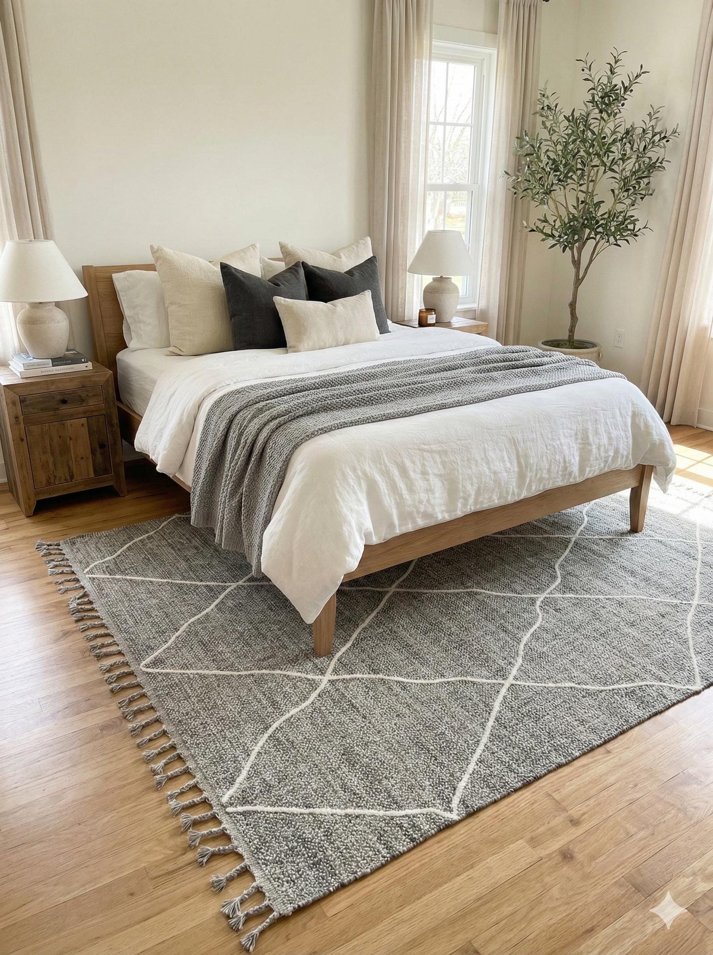 Gray Textured Geometric Carpet with Tassels, Minimalist Scandi Home Decor, Neutral Living Room Rug.