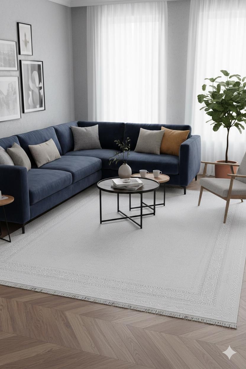 Modern White Texture Rug, 5x7 Cream Contemporary Area Carpet (160x230cm)