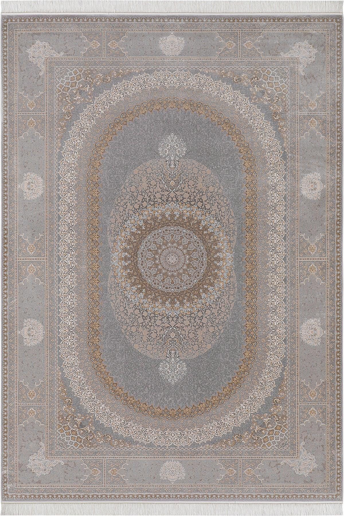7x10 ft, Gray Silk Rug with medallion design: Classic oriental carpet with fine Fringes