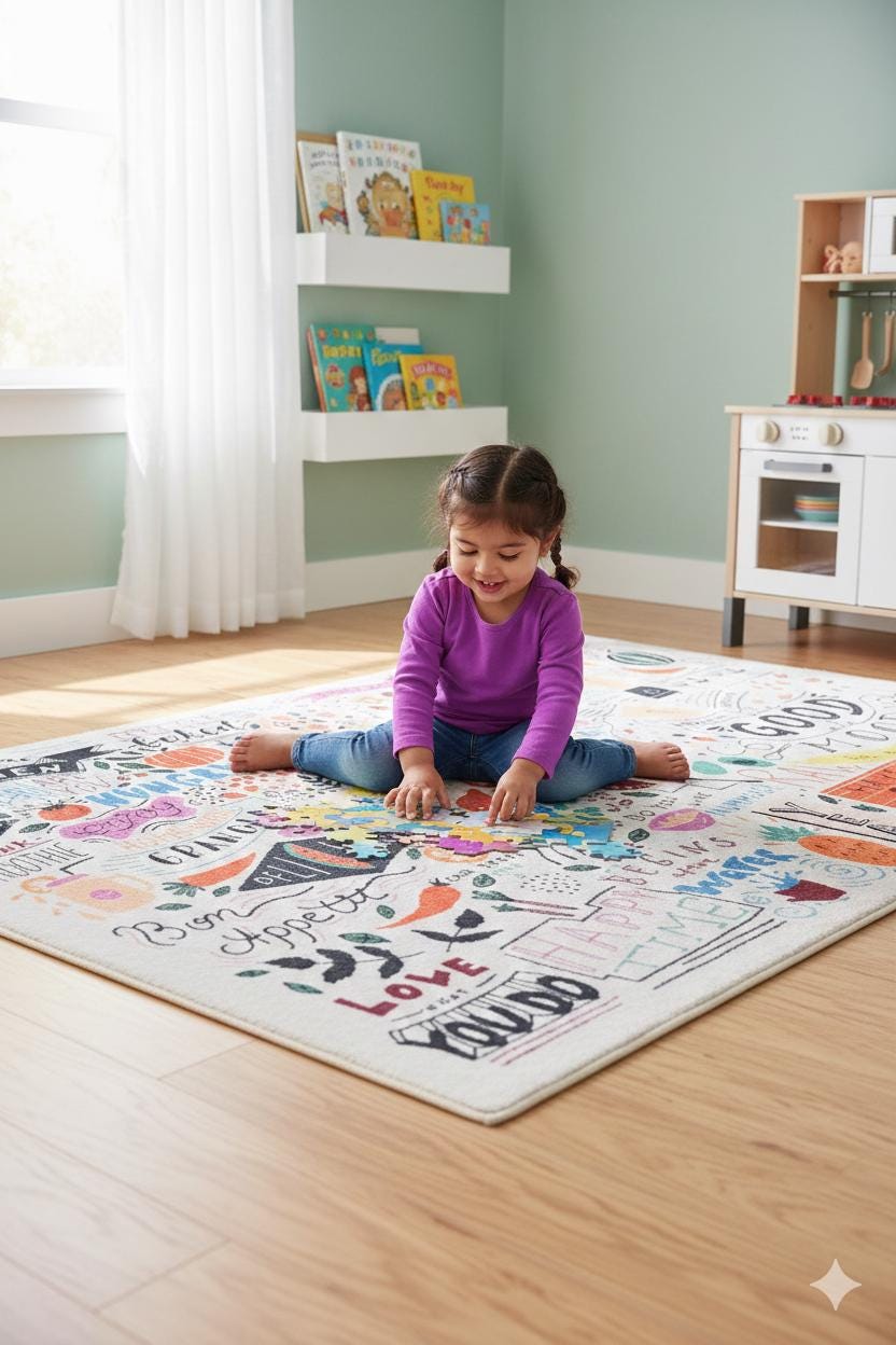 Kids Playroom Rug – Doodle Art Kitchen & Vegan Food Area Carpet